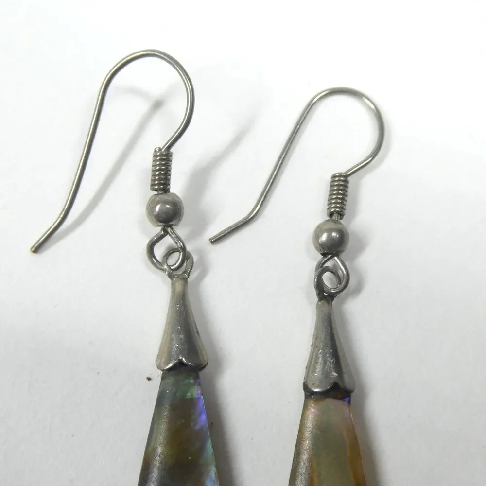 Mother of Pearl Triangle Earrings Vintage Dangle Silver Abalone Shell